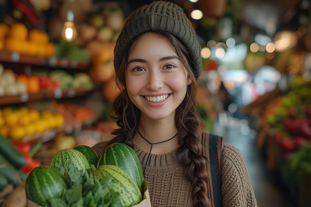Young smiling happy woman wearing casual clothes shopping at supermaket with craft paper package with groceries hold bag stand at store inside hypermarket. People purchasing gastronomy food concept.の素材
