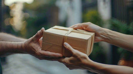 A delivery courier hands over cardboard boxes of goods to a woman near the door of her house.の素材