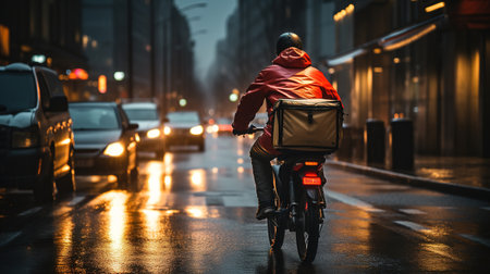 Fast and free delivery food by scooter in the afternoon in the city.の素材