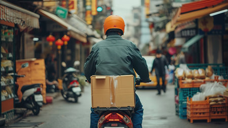 Fast and free delivery food by scooter in the afternoon in the city.の素材