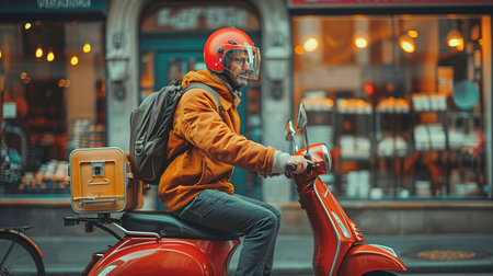 Fast and free delivery food by scooter in the afternoon in the city.の素材