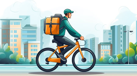 Courier on bicycle delivering food in city. The concept of fast delivering goods or food.の素材