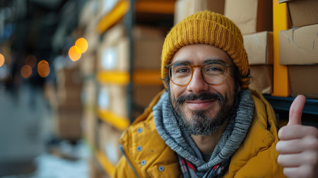 A delivery man in a red cap with a cardboard box gives a thumbs up.の素材