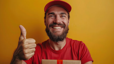Delivery man employee in red cap red t-shirt uniform hold empty cardboard box isolated on yellow background. The courier gives a thumbs up.の素材