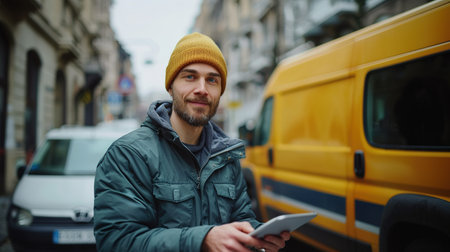 Smiling young male postal delivery courier man in front of cargo van delivering package.の素材