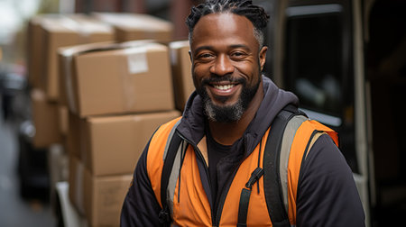 Smiling young male postal delivery courier man in front of cargo van delivering package.の素材