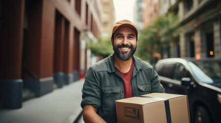 Smiling young male postal delivery courier man in front of cargo van delivering package.の素材