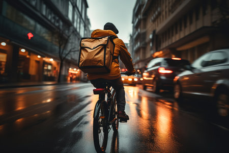 Courier on bicycle delivering food in city. The concept of fast delivering goods or food.の素材