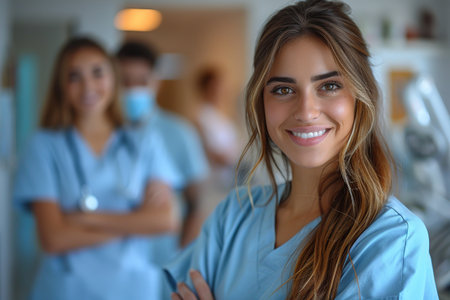 Portrait of young woman doctor with white coat standing in hospital.の素材