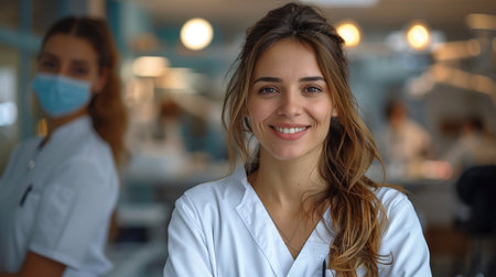 Portrait of young woman doctor with white coat standing in hospital.の素材