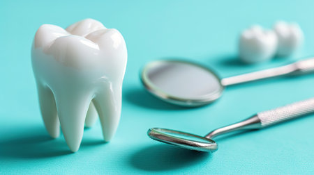 Dental model and dental equipment on blue background, concept image of dental backgroundの素材