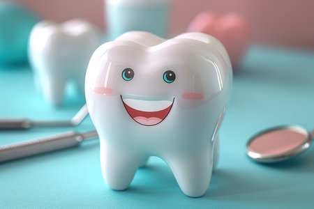 Dental model and dental equipment on blue background, concept image of dental backgroundの素材