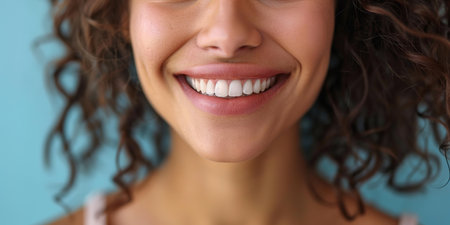 Perfect white teeth smile of a young woman. The result of the teeth whitening procedure. The image symbolizes oral care dentistry, Closeup on a white background.の素材