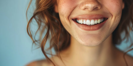 Perfect white teeth smile of a young woman. The result of the teeth whitening procedure.の素材