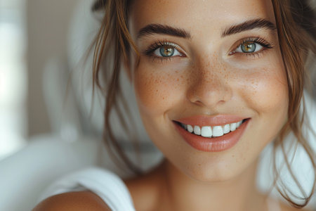 Doing professionally. Smiling pretty woman is having her teeth examined by dentist in clinicの素材