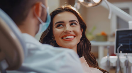 Doing professionally. Smiling pretty woman is having her teeth examined by dentist in clinicの素材