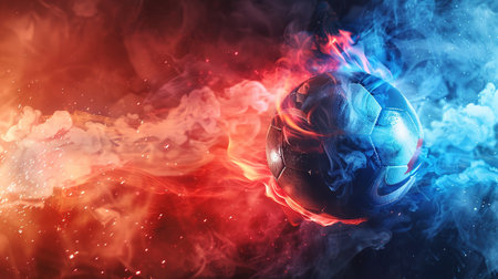 Flying football or soccer ball on fire. An impressive soccer ball in red and blue smoke and flamesの素材