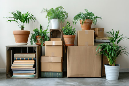 Moving to own home, rent apartment, buy new property and blog about real estate, copy space. House ad and sale. Cardboard boxes with stuff, plants in pots in empty room on gray wall background in flatの素材