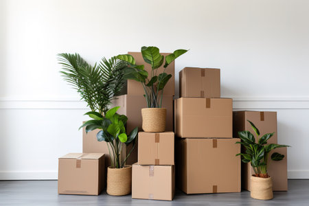 Moving to own home, rent apartment, buy new property and blog about real estate, copy space. House ad and sale. Cardboard boxes with stuff, plants in pots in empty room on gray wall background in flatの素材