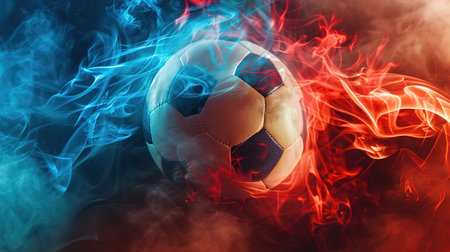 Flying football or soccer ball on fire. An impressive soccer ball in red and blue smoke and flames.の素材