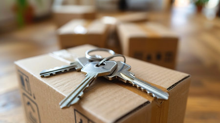 panoramic shot of keys lying on cardboard box, moving concept.の素材