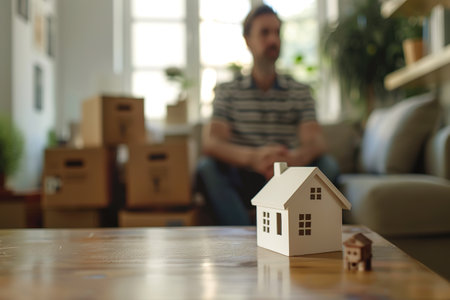 Miniature wooden toy house against the background of a man with boxes. Mortgage property insurance dream home concept. Buying new house for familyの素材
