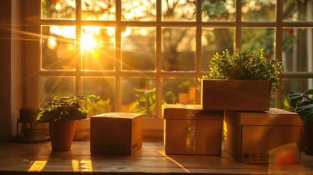 Relocation with moving boxes in a room with a wooden ladder in sunlight.の素材
