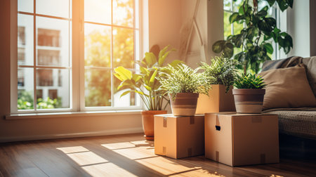 Relocation with moving boxes in a room with a wooden ladder in sunlight.の素材