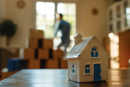 Miniature wooden toy house against the background of a man with boxes. Mortgage property insurance dream home concept. Buying new house for familyの素材