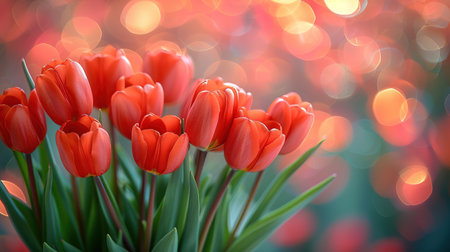 Pink tulips in pastel coral tints at blurry background, closeup. Fresh spring flowers in the garden with soft sunlight for your horizontal floral poster, wallpaper or holidays card.の素材
