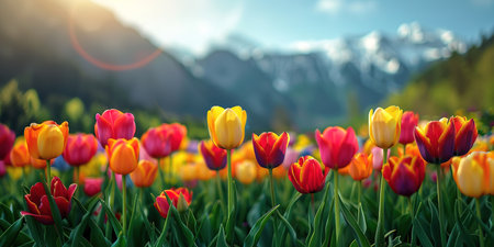 Blooming red tulips flower in the foothills of snowy mountains. Creative collage of picturesque countryside. Beauty of nature concept background.の素材