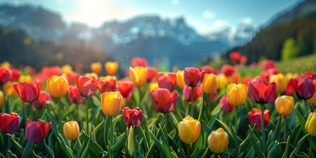 Blooming red tulips flower in the foothills of snowy mountains. Creative collage of picturesque countryside. Beauty of nature concept background.の素材