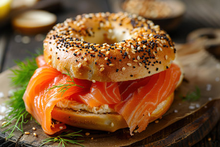 Freshly baked bagels served with dill cream cheese, salmon and cucumbers.の素材