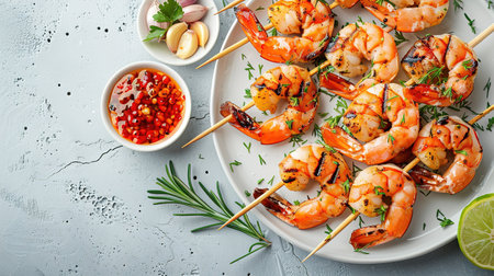 Grilled shrimps or prawns served with lime, garlic and white sauce on a gray concrete background. Seafood. Top view with copy space. Flat layの素材