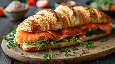 Croissants with salted salmon, cucumber and arugula served on dark background. Close up.の素材