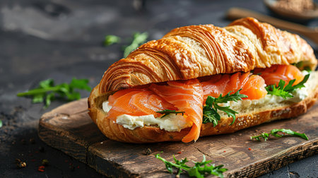 Croissants with salted salmon, cucumber and arugula served on dark background. Close up.の素材