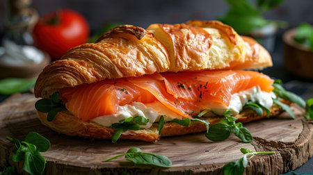 Croissants with salted salmon, cucumber and arugula served on dark background. Close up.の素材
