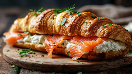 Croissants with salted salmon, cucumber and arugula served on dark background. Close up.の素材