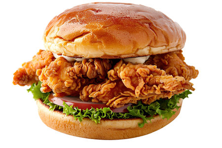 Chicken burger with crispy cutlet in breaded, cheese and vegetables isolated transparent background.の素材