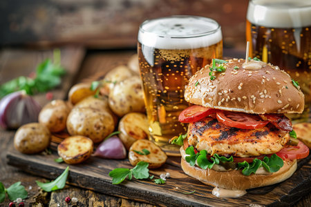 Fresh Gourmet Chicken Burger with cheese closeup on wooden rustic table with rustic potato fries and a cool glass of beer. Dark backgroundの素材