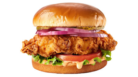 Chicken burger with crispy cutlet in breaded, cheese and vegetables isolated transparent background.の素材