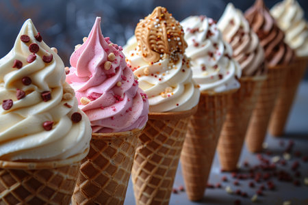 Variety of ice cream scoops in cones with chocolate, vanilla and strawberry.の素材