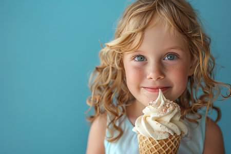 happy little girl eating ice cream in a waffle cone on blue background.の素材