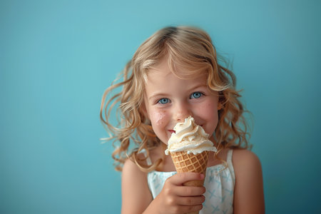 happy little girl eating ice cream in a waffle cone on blue background.の素材