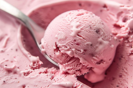 spoon taking out a scoop of strawberry ice cream making motion and black background.の素材