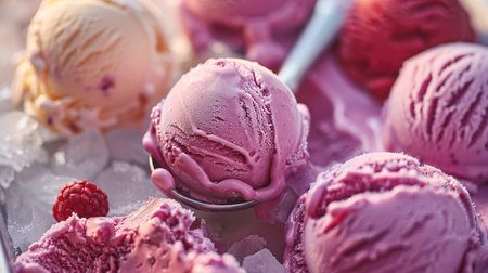 spoon taking out a scoop of strawberry ice cream making motion and black background.の素材
