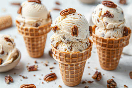 Butter pecan ice cream in waffle cones on light background.の素材