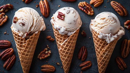 Butter pecan ice cream in waffle cones on dark background.の素材