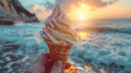 Ice creams on beach and shells with ocean landscape.の素材