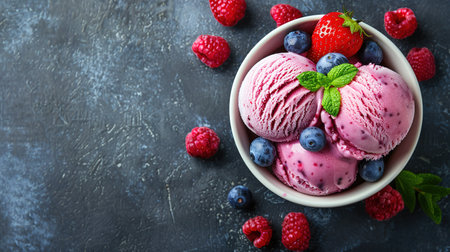 Vanilla ice cream scoops with fresh berries on the concrete dark background. Top view with copy space.の素材